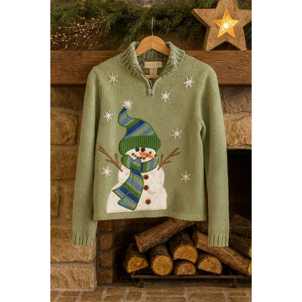 Mandal Bay Snowman Sweater Small Green Half Zip Winter Embroidered Appliqué Cute